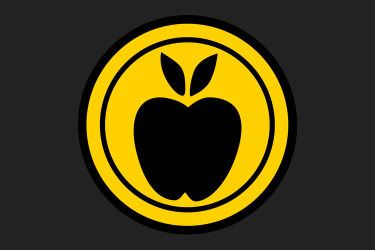 Yellow and black icon showing a simplified apple, representing communication with professors