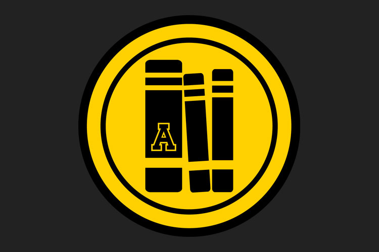 Small yellow and black icon on dark gray background of three books stacked vertically with App State logo on leftmost book.