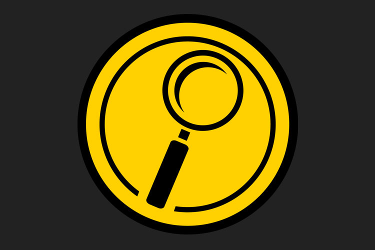Yellow circle icon on dark gray background with a black magnifying glass. It represents search, research, or evaluation.