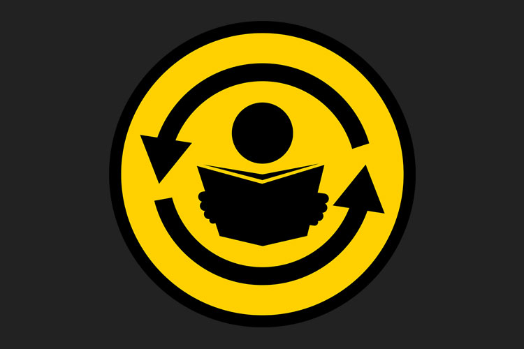 Yellow and black icon showing a simplified figure reading a book with two arrows circling around, representing retention