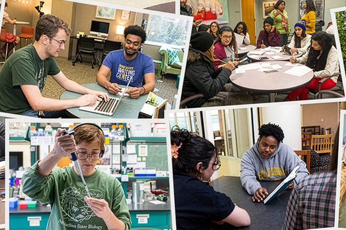 Collage of students working at the Disco Student Learning Center.